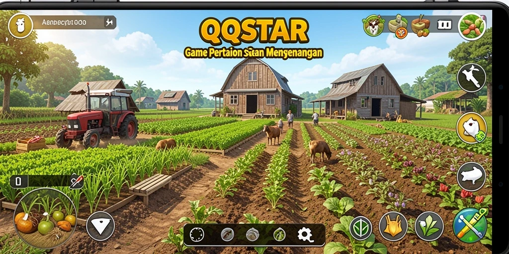 Tampilan screenshot utama QQSTAR menampilkan aktivitas bertani yang menarik.