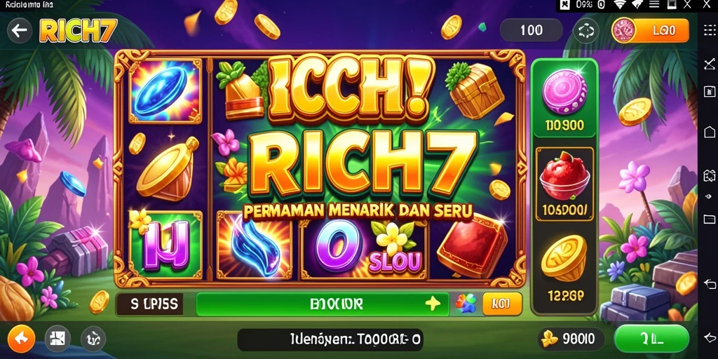 Screenshot gameplay RICH7 yang menampilkan gulungan slot yang penuh warna dan efek menarik.